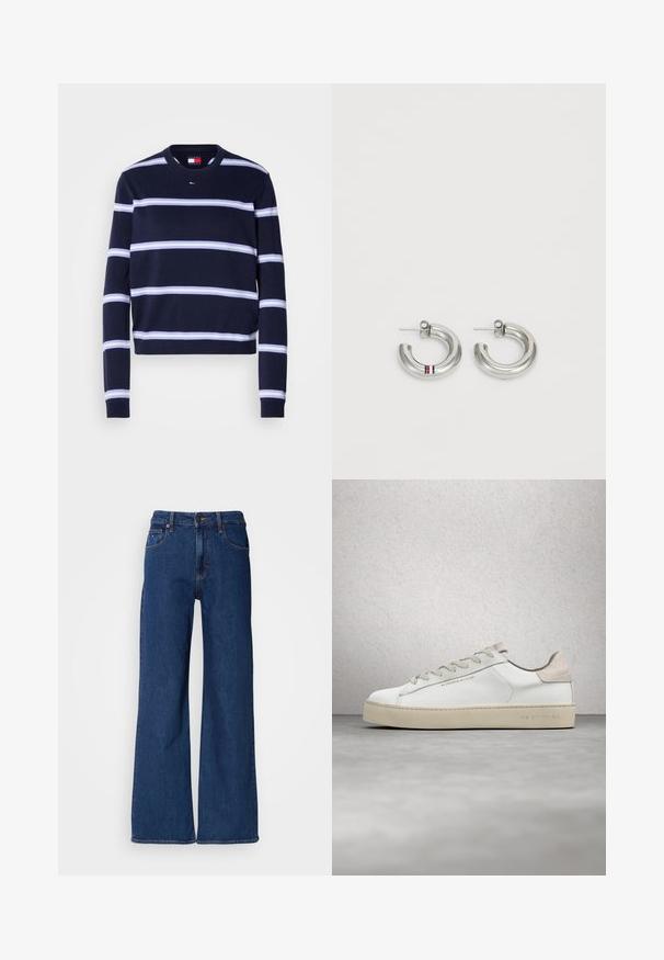 Marineblå stribet sweater med horisontale hvide striber, ribbet rund halsudskæring og tætsiddende ærmer. Fremstillet af et blødt strikket stof.; Mørkeblå denim bredbenede jeans med høj talje, fem lommer og orange syninger. Har en lynlåse og bæltestropper.; Hvide lædersneakers med en glat overflade, beige ruskindsdetaljer, rund tå, flad snørebåndsdesign og en struktureret gummisål.; Sølvfarvede hoops med et glat, afrundet design og en lille rød, hvid og blå stribe som accent. Sikret stud-bagside.