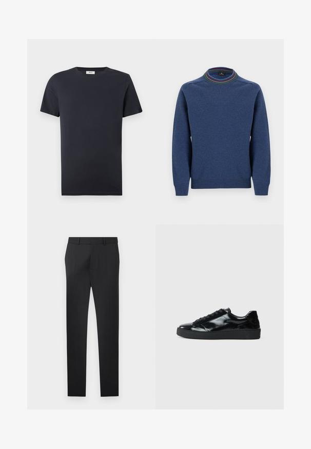 Pull bleu à manches longues avec poignets côtelés et col rond rayé multicolore.; T-shirt noir uni à manches courtes et col rond, avec une petite étiquette blanche à l'intérieur du col, sur fond blanc.; Pantalon noir formel coupe slim avec passants de ceinture, fermeture éclair frontale et design à plat sur un fond clair uni.; Baskets en cuir verni noir avec un bout arrondi, un laçage, une semelle en caoutchouc texturé et une finition lisse.