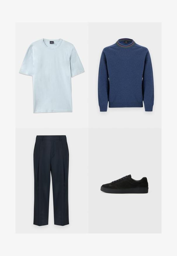 Blauwe trui met lange mouwen, geribbelde manchetten en een geribde ronde hals met meerkleurige strepen.; Lichtblauw katoenen t-shirt met een ronde hals en korte mouwen. De stof heeft een zachte textuur en een ontspannen pasvorm.; Marineblauwe, op maat gemaakte broek met riemlussen, voorplooi, zijzakken en een rechte pijp, afgebeeld op een witte achtergrond.; Zwarte suède sneakers met een platte, gestructureerde zool, een ronde neus, zes oogjes voor veters en een minimalistisch ontwerp.