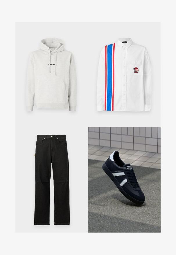 Hellgrauer Hoodie mit Kängurutasche, Kapuze mit Kordelzug und schwarzen gestickten Text auf der Vorderseite. Mischgewebe aus Baumwolle, gerippte Bündchen.; Weißes Button-up-Hemd mit einem blau-roten Streifenmuster auf einer Seite und einem schwarzen bestickten Helm-Patch auf der Brusttasche.; Schwarze Denim-Hosen mit geradem Bein, ausgestattet mit Fronttaschen, einem Knopfverschluss und minimalistischer Hardware für einen klaren Look.; Schwarze Leder-Sneaker mit weißen Streifen, strukturiertem Gummisohle und Schnürung. Verfügt über ein Markenetikett auf der Zunge.