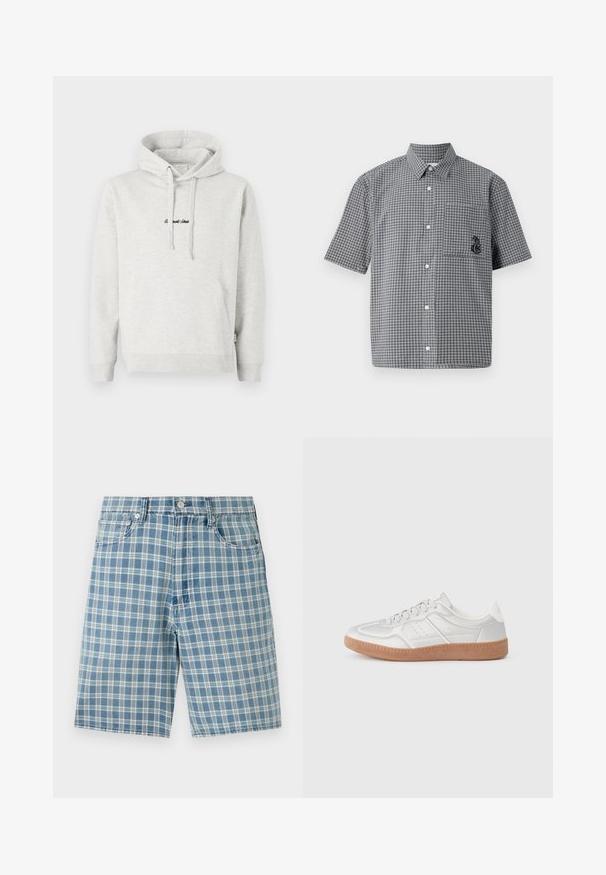 Hoodie gris clair avec une poche kangourou, capuche avec cordon de serrage et texte brodé en noir sur le devant. Tissu en mélange de coton, poignets côtelés.; Chemise à manches courtes à carreaux noirs et blancs, avec une poche poitrine et un détail de hippocampe brodé. En matière de coton.; Shorts à carreaux bleu clair en tissu mélangé de coton, avec un design à cinq poches, une fermeture à bouton et une coupe décontractée. La texture est lisse et douce.; Baskets argentées avec une texture lisse, un design à lacets, des accents perforés et une semelle en caoutchouc marron texturé.