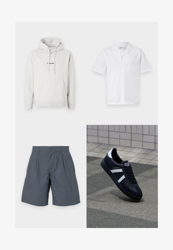 Hoodie gris clair avec une poche kangourou, capuche avec cordon de serrage et texte brodé en noir sur le devant. Tissu en mélange de coton, poignets côtelés.; Chemise blanche à manches courtes et à boutons, avec une poche, dotée d'un tissu texturé et d'un design de col décontracté.; Shorts gris en tissu léger, dotés d'une fermeture à bouton à l'avant, de deux poches latérales et d'un design à coupe droite.; Sneaker en cuir noir avec des rayures blanches, semelle en caoutchouc texturée et devant à lacets. Présente une étiquette de marque sur la languette.