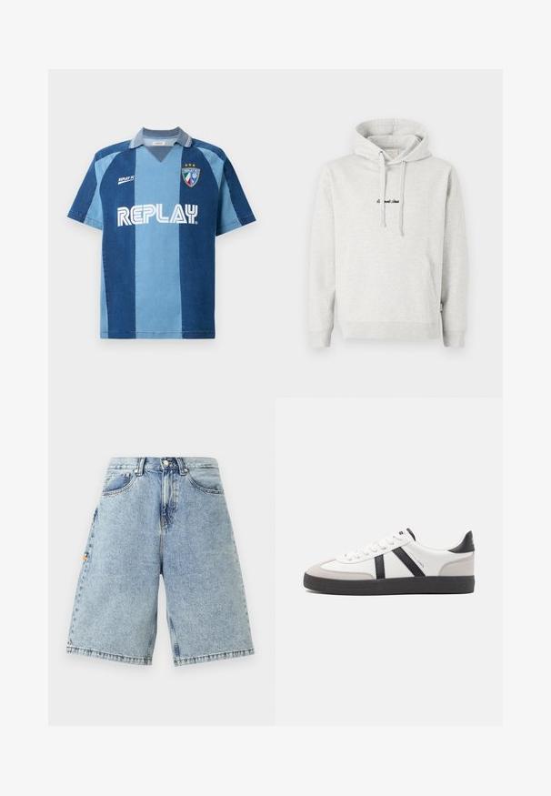 Hellgrauer Hoodie mit Kängurutasche, Kapuze mit Kordelzug und schwarzen gestickten Text auf der Vorderseite. Mischgewebe aus Baumwolle, gerippte Bündchen.; Jeans-inspiriertes Jersey mit kurzen Ärmeln, das ein dunkelblaues und hellblaues gestreiftes Design, einen V-Ausschnitt und das auffällig platzierte "REPLAY"-Logo aufweist.; Blaue Denim-Shorts mit hoher Taille, lockerem Sitz, fünf Taschen und sichtbaren Nähdetails. Glatte Textur mit einem hellen Waschfinish.; Weiße Sneaker mit schwarz- und grau-aczenten, ausgestattet mit einer strukturierten grauen Zehenkappe, schwarzer Gummi-Sohle und flachen weißen Schnürsenkeln. Sauberes Design, minimalistische Stil.