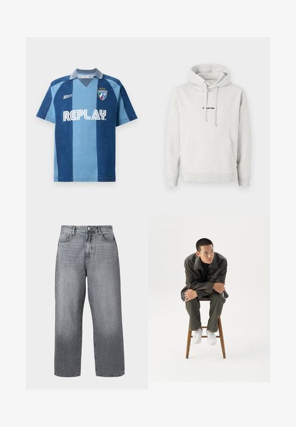Heledast hall sweatshirt, millel on kängurupocket, kõikuma cape ja musta värvi tikandiga tekst ees. Puuvillase segu kangas, ribaga soonikuid.; Denim-stiilis trikotaaž lühikeste varrukatega, tumeda ja helesinise riba kujundusega, V-kaelusega ja silmatorkava "REPLAY" logoga.; Hallidehalli laiad teksad, hallist denimist, kõrge vöökoht, viie taskuga disain ja metallkinnitus. Kangas näitab alläärtes kerget fadeerumist.; Noor mees tumedas nahktakšis ja teksades istub puidust pingil, kaldub ette, käed rüpes, vaatab valgel taustal küljele.