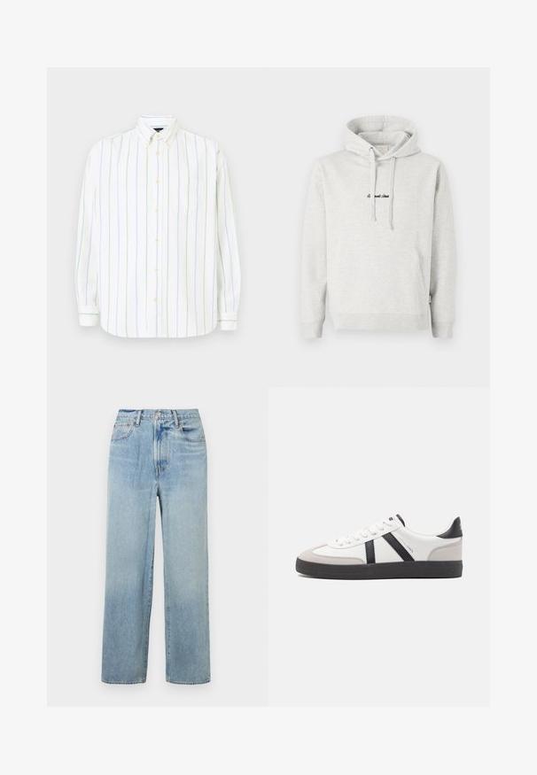 Sudadera gris claro con un bolsillo tipo canguro, capucha con cordón y texto bordado en negro en la parte delantera. Tejido de mezcla de algodón, puños acanalados.; Camisa blanca de manga larga con rayas verticales en verde claro y azul, con botones en el frente, cuello puntiagudo y un solo bolsillo en el pecho.; Jeans de mezclilla de pierna recta de color azul claro, con una cintura alta, que cuentan con cinco bolsillos y un sutil desvanecimiento. Dobladillo sin rematar y detalles de costura en contraste.; Zapatilla blanca con acentos en negro y gris, que presenta una puntera texturizada en gris, suela de goma negra y cordones planos blancos. Diseño limpio, estilo minimalista.