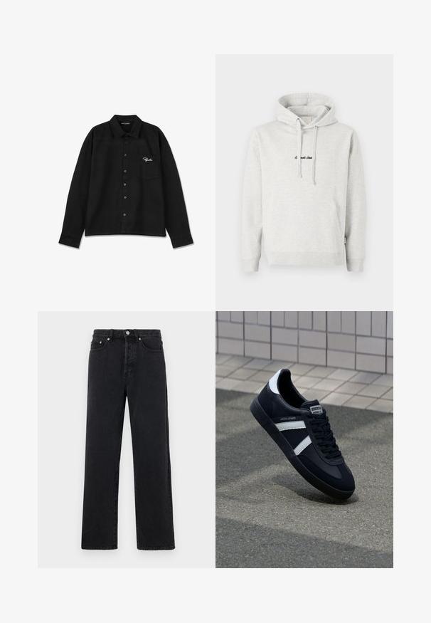 Heledast hall sweatshirt, millel on kängurupocket, kõikuma cape ja musta värvi tikandiga tekst ees. Puuvillase segu kangas, ribaga soonikuid.; Must beed pikk, long varrukat, kootud kangast, millel on krae, nööbid ees, üks rinna tasku ja valge tikand logoga taskul.; Mustmustest musta sirge jalgadega teksad kõrge vöökohaga, viie tasku ja metallnupuga kinnitusega. Kanga pind on sile ja kergelt läikiv.; Must have musta sneaker musta valgete triipudega, tekstuurne kummitald ja nööridega esiosa. Omab bränditud märki keele peal.