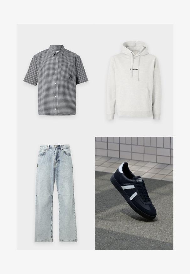Lichtgrijze hoodie met een kangoeroezak, een capuchon met trekkoord en geborduurde tekst in het zwart aan de voorkant. Gemaakt van een katoenblend, met ribgebreide manchetten.; Korte mouwen knoopsluiting overhemd in zwart-wit ruitpatroon, met een borstzak en geborduurd zeepaardje detail. Katoenen materiaal.; Lichtblauwe denim broeken met een relaxte pasvorm, vervaagde textuur, vijf zakken en een knoopsluiting op de tailleband. Platte naden en wijde pijpen.; Zwarte leren sneaker met witte strepen, een gestructureerde rubberen zool en vetersluiting aan de voorkant. Voorzien van een merklabel op de tong.