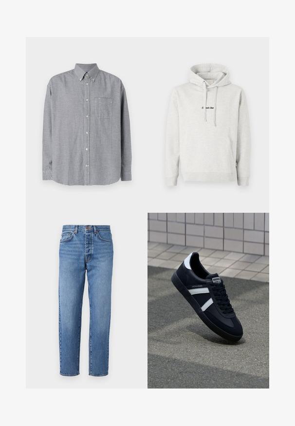 Lichtgrijze hoodie met een kangoeroezak, een capuchon met trekkoord en geborduurde tekst in het zwart aan de voorkant. Gemaakt van een katoenblend, met ribgebreide manchetten.; Zwart-wit geblokte lange mouw blouse met kraag, enkele borstzak en ronde zoom. Van katoen, met een gladde textuur.; Lichtblauwe denim jeans met een rechte pasvorm, vijf zakken en een knoopsluiting. Vervaagde textuur met lichte slijtage aan de voorkant.; Zwarte leren sneaker met witte strepen, een gestructureerde rubberen zool en vetersluiting aan de voorkant. Voorzien van een merklabel op de tong.