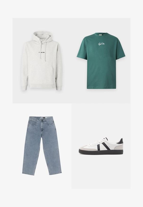 Lysegrå hættejakke med kengurulomme, snoretræk i hætten og broderet tekst i sort på fronten. Stoffet er en bomuldsblanding, ribbede manchetter.; Grøn bomuld T-shirt med rund hals og korte ærmer. Har hvid, kursiv tekst "high tea" på forsiden. Enkel design, ingen mønstre.; Lysblå denim brede bukser med knaplukning, fem lommer og lige ben. Blød tekstur, minimal falming og ren syning.; Hvide sneakers med sorte og grå detaljer, med en tekstureret grå tåhætte, sort gummisål og flade hvide snørebånd. Rent design, minimalistisk stil.