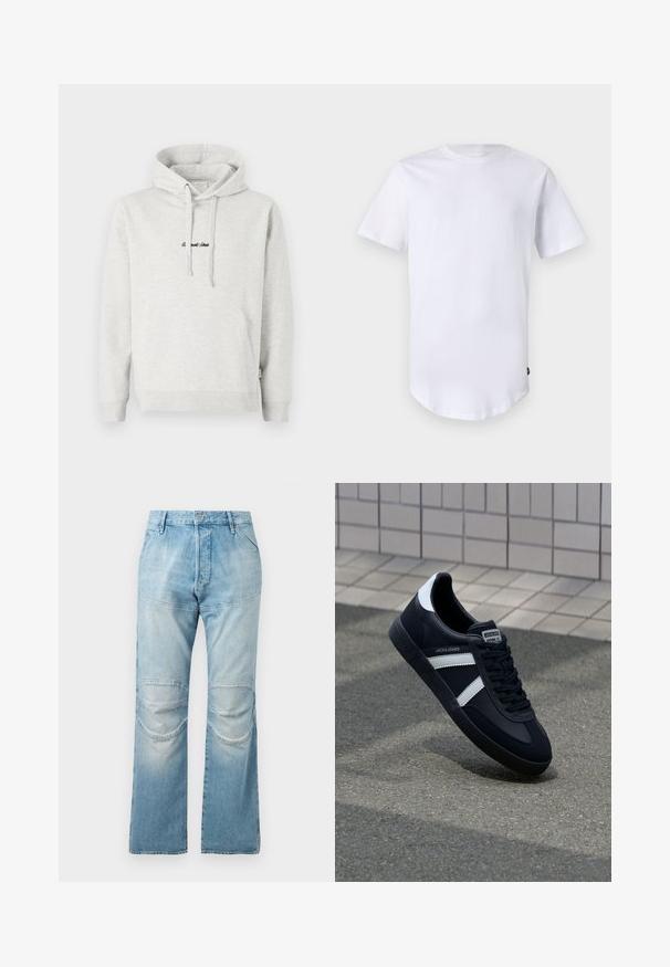Hellgrauer Hoodie mit Kängurutasche, Kapuze mit Kordelzug und schwarzen gestickten Text auf der Vorderseite. Mischgewebe aus Baumwolle, gerippte Bündchen.; Weißes T-Shirt mit kurzen Ärmeln aus Baumwolle. Rundhalsausschnitt mit abgerundetem Saum. Etikett auf der unteren linken Seite sichtbar. Glatte Textur.; Helle blaue, hochgeschnittene Jeans mit geradem Schnitt, ausgestattet mit Knieflicken und einer ausgewaschenen Textur. Metallknopfverschluss an der Taille.; Schwarze Leder-Sneaker mit weißen Streifen, strukturiertem Gummisohle und Schnürung. Verfügt über ein Markenetikett auf der Zunge.