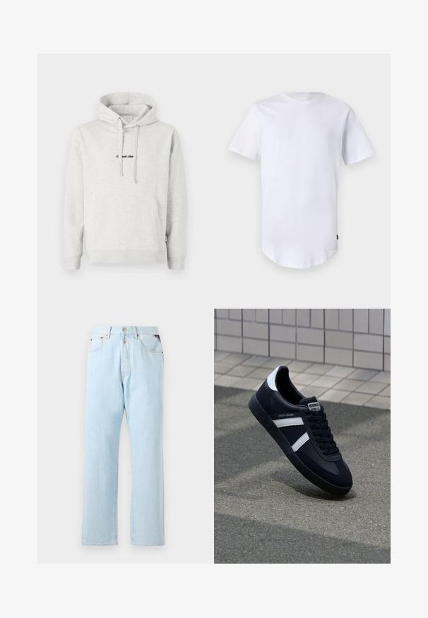 Hoodie gris clair avec une poche kangourou, capuche avec cordon de serrage et texte brodé en noir sur le devant. Tissu en mélange de coton, poignets côtelés.; T-shirt blanc à manches courtes en coton. Design à col rond avec un ourlet arrondi. Étiquette visible sur le côté inférieur gauche. Texture lisse.; Jeans en denim bleu clair avec une coupe droite. Comprend une fermeture à bouton et à zip, cinq poches et des coutures contrastées.; Sneaker en cuir noir avec des rayures blanches, semelle en caoutchouc texturée et devant à lacets. Présente une étiquette de marque sur la languette.