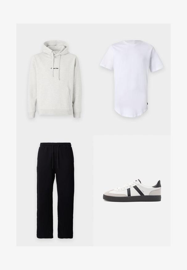 Heledast hall sweatshirt, millel on kängurupocket, kõikuma cape ja musta värvi tikandiga tekst ees. Puuvillase segu kangas, ribaga soonikuid.; Valge lühikeste varrukatega t-särk, mis on valmistatud puuvillast. Ümmargune kaelus ja kõver hem. Silt nähtav vasakul allservas. Sile tekstuur.; Mustad mustad püksid, mis on valmistatud puuvillast, elastse vöökoha ja stringidega, sirge jalga disainiga ning ilma nähtavate mustrite või aktsentideta.; Valged tossud mustade ja hallide aktsentidega, tekstureeritud halli varbakattega, musta kummitald ja lamedad valged paelad. Puhtad jooned, minimalistlik stiil.