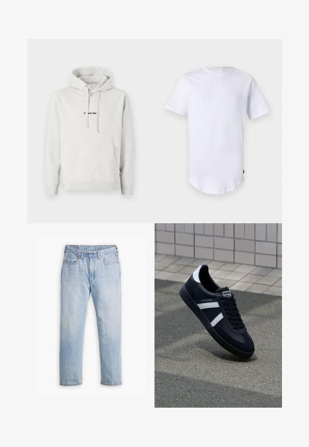 Lichtgrijze hoodie met een kangoeroezak, een capuchon met trekkoord en geborduurde tekst in het zwart aan de voorkant. Gemaakt van een katoenblend, met ribgebreide manchetten.; Witte katoenen t-shirt met korte mouwen. Rond de hals ontwerp met een gebogen zoom. Label zichtbaar aan de onderste linkerzijde. Gladde textuur.; Lichtblauwe denim jeans met een recht model, vijf zakken en contrasterende stiksels. Knopen- en ritssluiting bij de taille.; Zwarte leren sneaker met witte strepen, een gestructureerde rubberen zool en vetersluiting aan de voorkant. Voorzien van een merklabel op de tong.