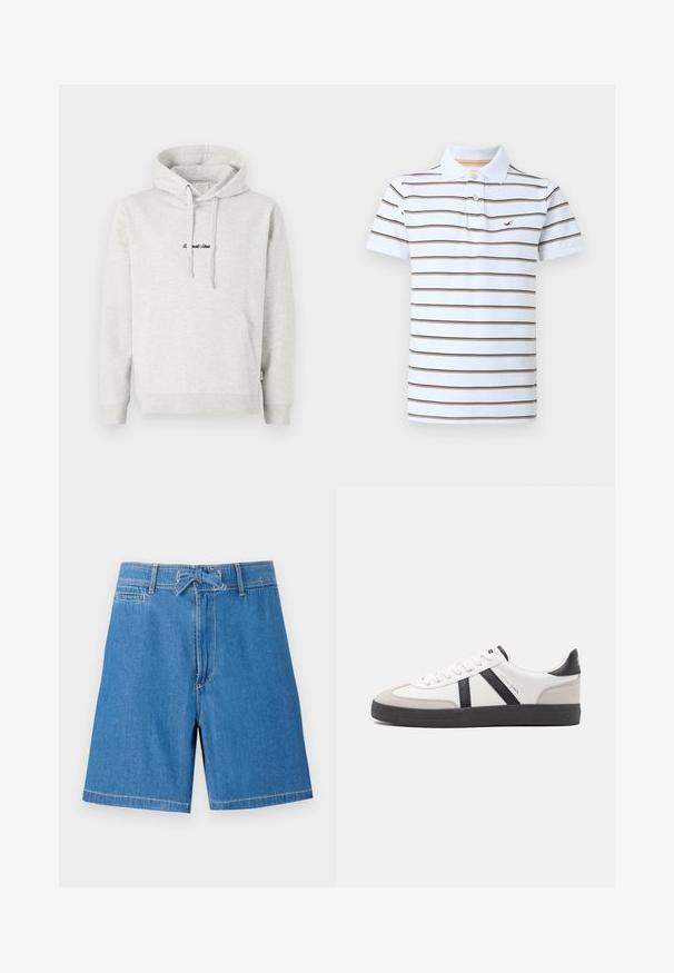Hoodie gris clair avec une poche kangourou, capuche avec cordon de serrage et texte brodé en noir sur le devant. Tissu en mélange de coton, poignets côtelés.; Polo blanc à manches courtes avec des rayures horizontales marron, deux boutons et un petit logo rouge brodé sur la poitrine gauche.; Shorts en denim bleu clair avec une taille élastique à cordon de serrage, poches avant et coutures contrastées. Design classique, coupe au genou.; Baskets blanches avec des accents noirs et gris, présentant un embout texturé gris, une semelle en caoutchouc noir et des lacets plats blancs. Design épuré, style minimaliste.