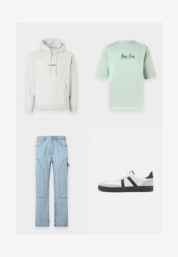 Sudadera gris claro con un bolsillo tipo canguro, capucha con cordón y texto bordado en negro en la parte delantera. Tejido de mezcla de algodón, puños acanalados.; Camiseta de algodón verde menta de manga corta, con el texto en azul marino "New Era" y "Lake Erie, Buffalo, Nueva York" impreso debajo.; Pantalones cargo de mezclilla azul claros con pernera recta, que cuentan con grandes bolsillos laterales, costuras en contraste y un cierre de botón en la cintura.; Zapatilla blanca con acentos en negro y gris, que presenta una puntera texturizada en gris, suela de goma negra y cordones planos blancos. Diseño limpio, estilo minimalista.