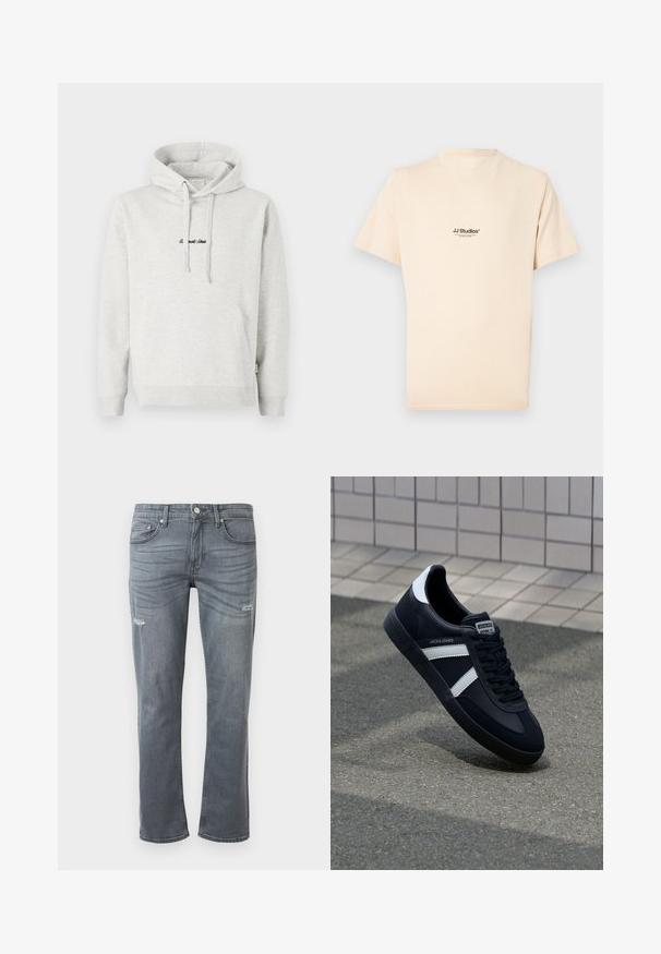 Hellgrauer Hoodie mit Kängurutasche, Kapuze mit Kordelzug und schwarzen gestickten Text auf der Vorderseite. Mischgewebe aus Baumwolle, gerippte Bündchen.; Kurzärmeliges, cremefarbenes T-Shirt aus Baumwolle mit rundem Ausschnitt. Verfügt über einen kleinen schwarzen Logodruck auf der Brust.; Graue Denim-Jeans mit geradem Bein, leichtem Distressing an den Knien und klassischem Fünf-Taschen-Design. Knopfverschluss an der Taille.; Schwarze Leder-Sneaker mit weißen Streifen, strukturiertem Gummisohle und Schnürung. Verfügt über ein Markenetikett auf der Zunge.