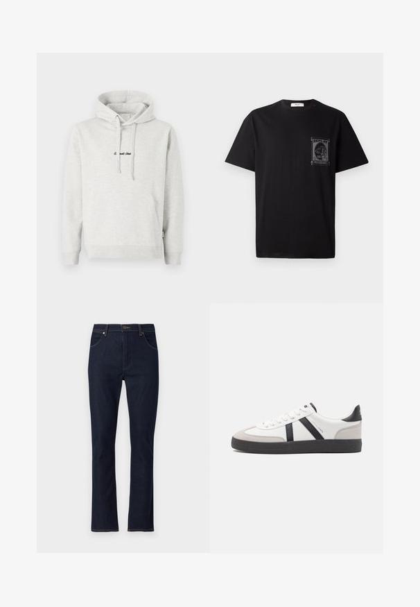 Hellgrauer Hoodie mit Kängurutasche, Kapuze mit Kordelzug und schwarzen gestickten Text auf der Vorderseite. Mischgewebe aus Baumwolle, gerippte Bündchen.; Schwarz Baumwoll-T-Shirt mit kurzen Ärmeln, ausgestattet mit einem grafischen Druck auf der linken Brust und einem kleinen roten Akzent am Halsauschnitt.; Dunkelblaue Jeans mit geradem Bein, Vordertaschen, Gürtelschlaufen und Knopfverschluss.; Weiße Sneaker mit schwarz- und grau-aczenten, ausgestattet mit einer strukturierten grauen Zehenkappe, schwarzer Gummi-Sohle und flachen weißen Schnürsenkeln. Sauberes Design, minimalistische Stil.