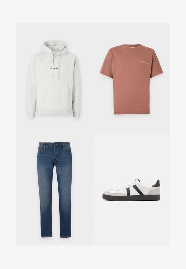 Lysegrå hættejakke med kengurulomme, snoretræk i hætten og broderet tekst i sort på fronten. Stoffet er en bomuldsblanding, ribbede manchetter.; Brun bomuld T-shirt med rund halsudskæring, korte ærmer og et lille grafisk tryk på venstre bryst. Glat tekstur og afslappet pasform.; Slim-fit blå jeans med let falming på lårene, fem-lomme design, knaplukning og lige benudskæring på en hvid baggrund.; Hvide sneakers med sorte og grå detaljer, med en tekstureret grå tåhætte, sort gummisål og flade hvide snørebånd. Rent design, minimalistisk stil.