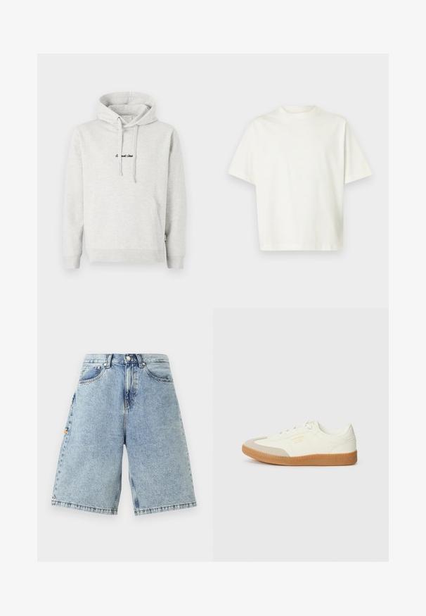 Heledast hall sweatshirt, millel on kängurupocket, kõikuma cape ja musta värvi tikandiga tekst ees. Puuvillase segu kangas, ribaga soonikuid.; Lühikeste varrukatega, lihtne valge T-särk lahtise lõike ja ümara kaelusega, esitatud heleda halli tausta peal.; Sinised teksashortsid, millel on kõrge vöökoht, lõtv lõige, viis taskut ja nähtavad õmblustead. Sile tekstuur kerge pesu viimistlusega.; Valgedest nahast tennisekets, millel on beež peaalus ja heledast pruunist kummist talla. Omab lapikuid valgeid paelu ning embosseeritud brändimist küljel.
