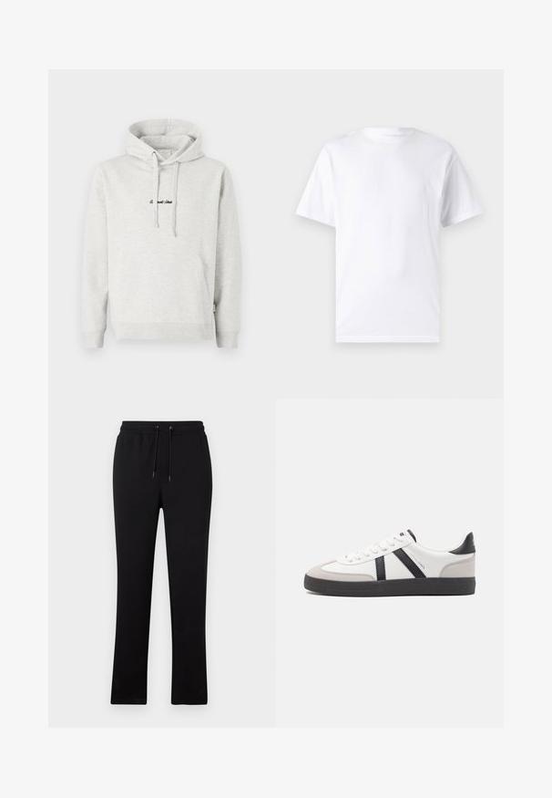 Heledast hall sweatshirt, millel on kängurupocket, kõikuma cape ja musta värvi tikandiga tekst ees. Puuvillase segu kangas, ribaga soonikuid.; Valge lühikeste varrukatega T-paita, mis on valmistatud puuvillast, laheda kaelusega. T-särk on sileda tekstuuri ja lihtsa disainiga, ilma mustrite või aksessuaarideta.; Mustad dressipüksid sirge jala disainiga, elastse vöökohaga, millel on nöör, ilma nähtavate mustrite või aksentideta.; Valged tossud mustade ja hallide aktsentidega, tekstureeritud halli varbakattega, musta kummitald ja lamedad valged paelad. Puhtad jooned, minimalistlik stiil.