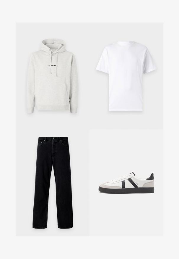 Hellgrauer Hoodie mit Kängurutasche, Kapuze mit Kordelzug und schwarzen gestickten Text auf der Vorderseite. Mischgewebe aus Baumwolle, gerippte Bündchen.; Weißes kurzärmeliges T-Shirt aus Baumwolle mit Rundhalsausschnitt, das eine glatte Textur und ein einfaches Design ohne Muster oder Akzente aufweist.; Hollister Co. Baggy Jeans - washed black; Weiße Sneaker mit schwarz- und grau-aczenten, ausgestattet mit einer strukturierten grauen Zehenkappe, schwarzer Gummi-Sohle und flachen weißen Schnürsenkeln. Sauberes Design, minimalistische Stil.