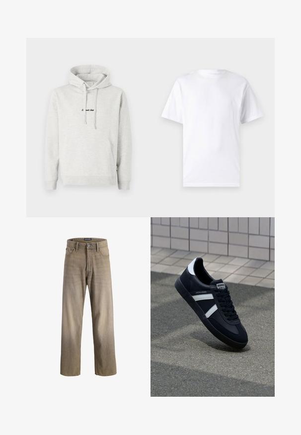 Hellgrauer Hoodie mit Kängurutasche, Kapuze mit Kordelzug und schwarzen gestickten Text auf der Vorderseite. Mischgewebe aus Baumwolle, gerippte Bündchen.; Weißes kurzärmeliges T-Shirt aus Baumwolle mit Rundhalsausschnitt, das eine glatte Textur und ein einfaches Design ohne Muster oder Akzente aufweist.; Hellbraune Jeans aus Denim mit geradem Beinschnitt, ausgestattet mit fünf Taschen und einem Knopfverschluss. Verwaschene Textur mit subtilen Farbverlaufseffekten.; Schwarze Leder-Sneaker mit weißen Streifen, strukturiertem Gummisohle und Schnürung. Verfügt über ein Markenetikett auf der Zunge.