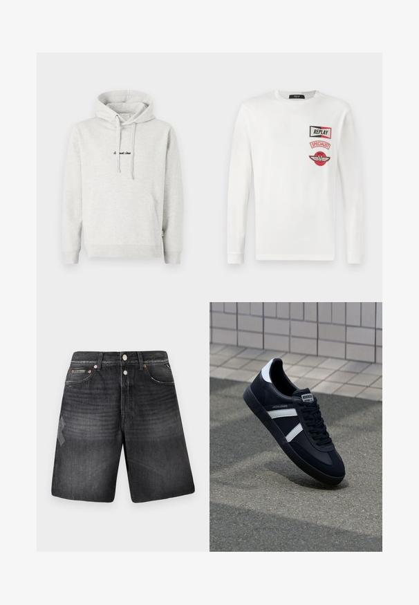 Hellgrauer Hoodie mit Kängurutasche, Kapuze mit Kordelzug und schwarzen gestickten Text auf der Vorderseite. Mischgewebe aus Baumwolle, gerippte Bündchen.; Weißes Langarmshirt mit drei roten und schwarzen Aufnähern auf der linken Brust: "REPLAY", "SPECIALIST" und ein geflügeltes V-Logo.; Schwarze Denim-Shorts mit einem sanften Used-Look, ausgestattet mit fünf Taschen, kupferfarbenen Beschlägen und einem geraden Bein-Schnitt.; Schwarze Leder-Sneaker mit weißen Streifen, strukturiertem Gummisohle und Schnürung. Verfügt über ein Markenetikett auf der Zunge.