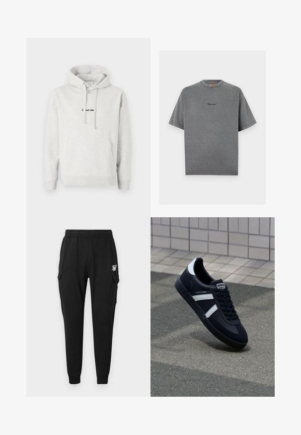 Sudadera gris claro con un bolsillo tipo canguro, capucha con cordón y texto bordado en negro en la parte delantera. Tejido de mezcla de algodón, puños acanalados.; Camiseta de manga corta color gris carbón con cuello redondo y pequeño logotipo bordado de "Replay Inc." centrado en el pecho.; Pantalones cargo negros fabricados en un tejido suave, con una cinturilla elástica, bolsillos laterales y un logo discreto en el muslo. Diseño de corte recto.; Zapatilla de cuero negra con rayas blancas, suela de goma texturizada y parte frontal con cordones. Cuenta con una etiqueta de marca en la lengüeta.