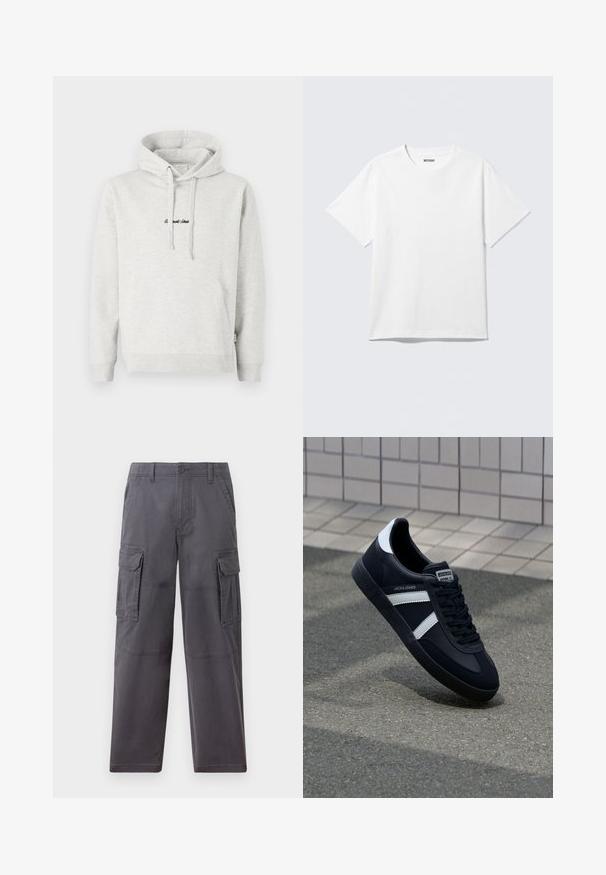 Hellgrauer Hoodie mit Kängurutasche, Kapuze mit Kordelzug und schwarzen gestickten Text auf der Vorderseite. Mischgewebe aus Baumwolle, gerippte Bündchen.; Weißes T-Shirt mit kurzen Ärmeln und Rundhalsausschnitt, flach liegend, schlichtes Design, mit „WEEKDAY“-Etikett innen im Kragen auf hellem Hintergrund.; Hollister Co. SKATER BAGGY - Cargohose - grey; Schwarze Leder-Sneaker mit weißen Streifen, strukturiertem Gummisohle und Schnürung. Verfügt über ein Markenetikett auf der Zunge.