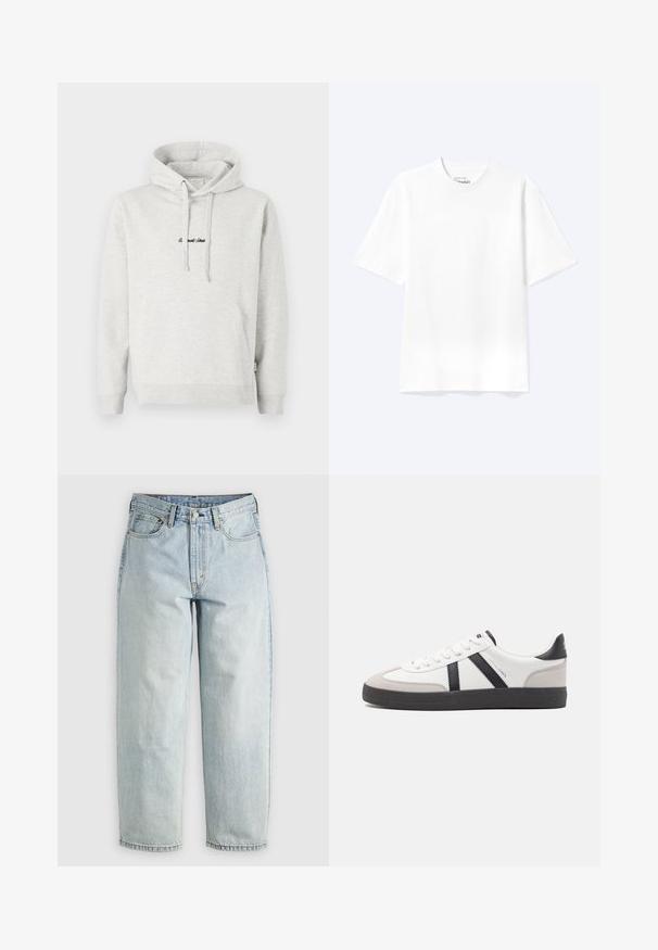 Lysegrå hættejakke med kengurulomme, snoretræk i hætten og broderet tekst i sort på fronten. Stoffet er en bomuldsblanding, ribbede manchetter.; Enkel hvid T-shirt med korte ærmer og rund hals med afslappet pasform, vist på en lys baggrund.; Lysblå denimjeans med lige ben, fem lommer og knap-fly lukning; har slidte områder og subtile syninger.; Hvide sneakers med sorte og grå detaljer, med en tekstureret grå tåhætte, sort gummisål og flade hvide snørebånd. Rent design, minimalistisk stil.
