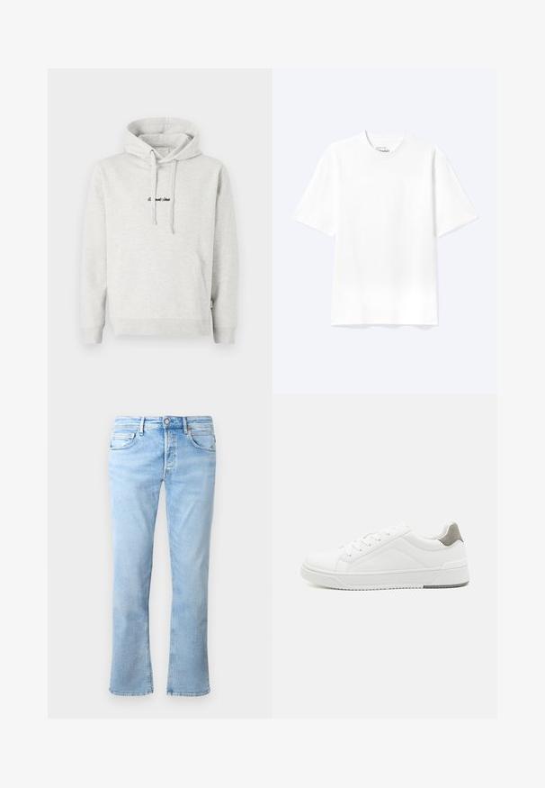 Lysegrå hættejakke med kengurulomme, snoretræk i hætten og broderet tekst i sort på fronten. Stoffet er en bomuldsblanding, ribbede manchetter.; Enkel hvid T-shirt med korte ærmer og rund hals med afslappet pasform, vist på en lys baggrund.; Lyseblå denimjeans har en lige ben-design, fem lomme-styling og en knaplukning. Stoffet har en glat tekstur med falmede accenter.; Hvid sneaker lavet af glat læder, rund tå, minimalistisk design, grå hælafsats og tekstureret gummisål.