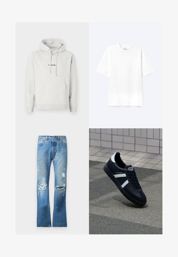 Sudadera gris claro con un bolsillo tipo canguro, capucha con cordón y texto bordado en negro en la parte delantera. Tejido de mezcla de algodón, puños acanalados.; Camiseta lisa blanca de manga corta y cuello redondo con un corte relajado, mostrada sobre un fondo claro.; Jeans de mezclilla azules de pierna recta con un lavado descolorido y múltiples desgastes en ambas rodillas y muslos superiores.; Zapatilla de cuero negra con rayas blancas, suela de goma texturizada y parte frontal con cordones. Cuenta con una etiqueta de marca en la lengüeta.