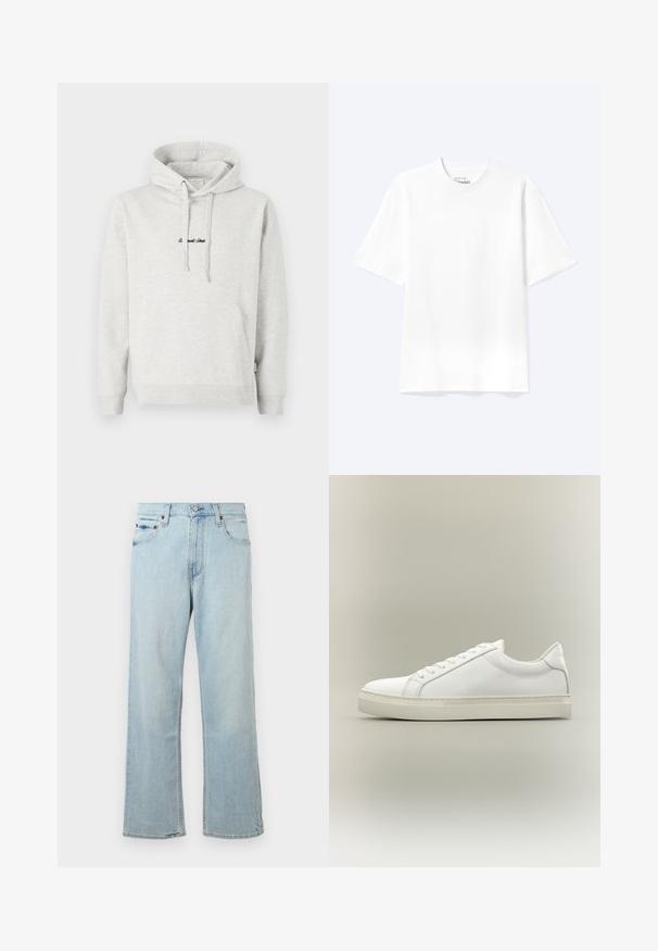 Hellgrauer Hoodie mit Kängurutasche, Kapuze mit Kordelzug und schwarzen gestickten Text auf der Vorderseite. Mischgewebe aus Baumwolle, gerippte Bündchen.; Schlichtes weißes T-Shirt mit kurzen Ärmeln und Rundhalsausschnitt in entspannter Passform, auf hellem Hintergrund dargestellt.; Hellblaue Denim-Jeans mit einem lockeren, weit geschnittenen Design. Verfügt über fünf Taschen, Gürtelschlaufen und einen Reißverschluss mit Knopfverschluss.; Weißer Sneaker mit niedrigem Schaft, vorn mit Schnürung und dicker Sohle, aus der Seitenansicht vor neutralem Hintergrund.