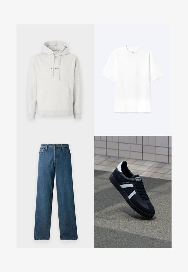 Lysegrå hættejakke med kengurulomme, snoretræk i hætten og broderet tekst i sort på fronten. Stoffet er en bomuldsblanding, ribbede manchetter.; Enkel hvid T-shirt med korte ærmer og rund hals med afslappet pasform, vist på en lys baggrund.; Mørkeblå denimjeans med en afslappet pasform, lige ben, fem lommer og kontrasterende syninger. Har en frontknap og lynlås lukning.; Sort lædersneaker med hvide striber, tekstureret gummisål og snørrebånd foran. Har et brandet mærke på tungen.