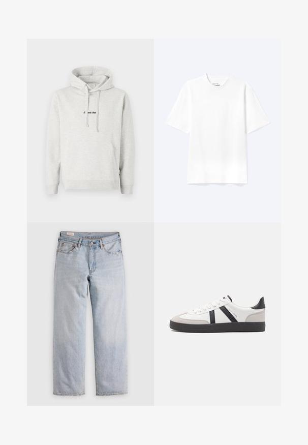 Hellgrauer Hoodie mit Kängurutasche, Kapuze mit Kordelzug und schwarzen gestickten Text auf der Vorderseite. Mischgewebe aus Baumwolle, gerippte Bündchen.; Schlichtes weißes T-Shirt mit kurzen Ärmeln und Rundhalsausschnitt in entspannter Passform, auf hellem Hintergrund dargestellt.; Helle blaue gerade geschnittene Jeans mit hoher Taille, Knopfverschluss sowie Vorder- und Hintertaschen, auf einer flachen Oberfläche präsentiert.; Weiße Sneaker mit schwarz- und grau-aczenten, ausgestattet mit einer strukturierten grauen Zehenkappe, schwarzer Gummi-Sohle und flachen weißen Schnürsenkeln. Sauberes Design, minimalistische Stil.