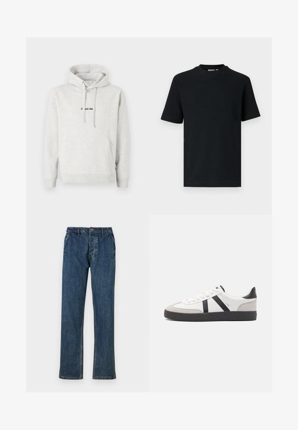 Heledast hall sweatshirt, millel on kängurupocket, kõikuma cape ja musta värvi tikandiga tekst ees. Puuvillase segu kangas, ribaga soonikuid.; Must lühikeste varrukatega soonikkoes T-särk ümara kaelusega ning väikese nähtava sildiga krae sees.; Sinised denim teksad sirge lõikega, viie tasku disainiga ja nööbiga sulgemisega. Kangas näitab õrna tekstuuri ja pleekinud aktsente.; Valged tossud mustade ja hallide aktsentidega, tekstureeritud halli varbakattega, musta kummitald ja lamedad valged paelad. Puhtad jooned, minimalistlik stiil.