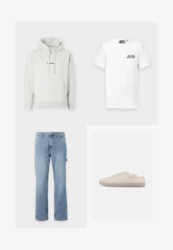 Lichtgrijze hoodie met een kangoeroezak, een capuchon met trekkoord en geborduurde tekst in het zwart aan de voorkant. Gemaakt van een katoenblend, met ribgebreide manchetten.; Wit T-shirt met korte mouwen en ronde hals, met een klein zwart "Pepsi-Cola" logo op de linkerkant van de borst en een merklabel in de nek.; Lichtblauwe denim cargobroek met rechte benen, vijf zakken en een knoopsluiting. Heeft zijzakken en een casual, ontspannen pasvorm.; Beige suède sneaker met een gestructureerd bovenwerk, een gladde witte hielkap, dunne veters en een rubberen buitenzool. Heeft een slank, laag profiel.