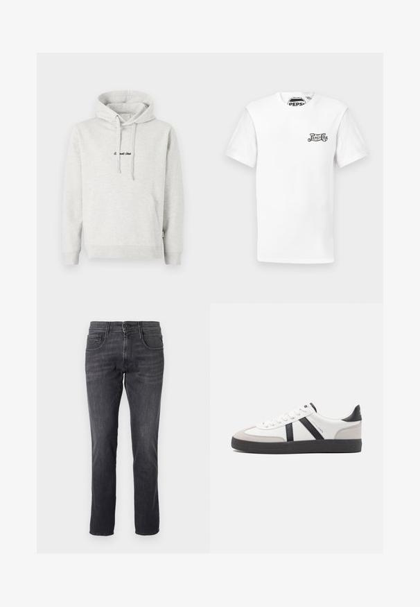 Lysegrå hættejakke med kengurulomme, snoretræk i hætten og broderet tekst i sort på fronten. Stoffet er en bomuldsblanding, ribbede manchetter.; Hvid kortærmet T-shirt med rund halsudskæring og lille sort "Pepsi-Cola" logo på venstre bryst samt mærketag i nakken.; Mørkegrå jeans lavet af denim, med et klassisk fem-lomme design, lige pasform og metalknaplukning i taljen.; Hvide sneakers med sorte og grå detaljer, med en tekstureret grå tåhætte, sort gummisål og flade hvide snørebånd. Rent design, minimalistisk stil.