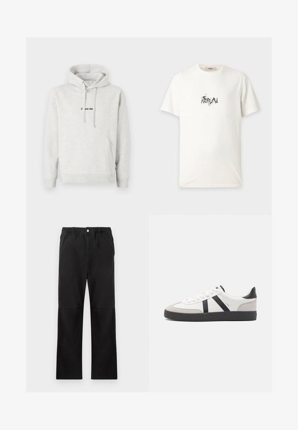 Sudadera gris claro con un bolsillo tipo canguro, capucha con cordón y texto bordado en negro en la parte delantera. Tejido de mezcla de algodón, puños acanalados.; Camiseta blanca de manga corta con texto abstracto negro "REPLAY 1981" centrado en el pecho y escote redondo.; Pantalones negros de algodón con una cintura elástica, que cuentan con un diseño de pierna recta, textura suave y sin acentos ni patrones visibles.; Zapatilla blanca con acentos en negro y gris, que presenta una puntera texturizada en gris, suela de goma negra y cordones planos blancos. Diseño limpio, estilo minimalista.