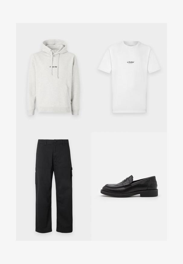 Sudadera gris claro con un bolsillo tipo canguro, capucha con cordón y texto bordado en negro en la parte delantera. Tejido de mezcla de algodón, puños acanalados.; Camiseta blanca de algodón con mangas cortas y cuello redondo. Presenta un pequeño logo negro de "JJ Studios" en el pecho.; Pantalones cargo negros con diseño de pierna recta, múltiples bolsillos laterales y cierre de botón. Fabricados con un tejido duradero y ligero.; Mocasines de cuero negro con puntera redondeada, costuras tonales y un detalle de tira en la parte frontal. Suela de goma con un tacón bajo.