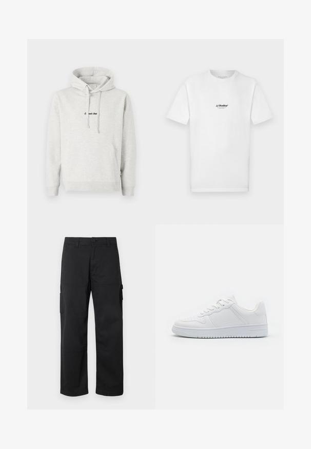 Hellgrauer Hoodie mit Kängurutasche, Kapuze mit Kordelzug und schwarzen gestickten Text auf der Vorderseite. Mischgewebe aus Baumwolle, gerippte Bündchen.; Weißes Baumwoll-T-Shirt mit kurzen Ärmeln und rundem Ausschnitt. Verfügt über ein kleines schwarzes "JJ Studios"-Logo auf der Brust.; Schwarze Cargo-Hosen mit geradem Bein, mehreren Seitentaschen und einem Knopfverschluss. Hergestellt aus strapazierfähigem, leichtem Stoff.; Weiße Sneaker aus glattem Synthetikmaterial, ausgestattet mit flachen Schnürsenkeln, perforierter Zehenpartie und einer gummierten Sohle mit einem strukturierten Grip-Muster.