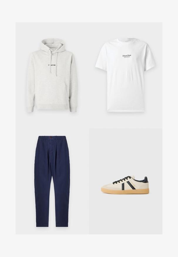 Lysegrå hættejakke med kengurulomme, snoretræk i hætten og broderet tekst i sort på fronten. Stoffet er en bomuldsblanding, ribbede manchetter.; Hvid bomulds-T-shirt med korte ærmer, prydet med teksten "Palmiera Pantó" og "VENICE BEACH" i sort skrift på forsiden.; Marineblå bukser lavet af tekstureret stof med elastisk talje, knaplukning og to frontfolder for ekstra designfunktion.; Casual sneakers i creme med sorte striber, med en tekstureret overdel og sål i gummigummi. Snørebåndene er sorte. Diskret logo på siden.