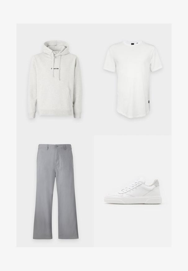 Hellgrauer Hoodie mit Kängurutasche, Kapuze mit Kordelzug und schwarzen gestickten Text auf der Vorderseite. Mischgewebe aus Baumwolle, gerippte Bündchen.; Weißes T-Shirt mit kurzen Ärmeln aus Baumwolle, mit Rundhalsausschnitt und einem leicht verlängerten Rückenteil, sowie einem kleinen Logo-Akzent an der Seite.; Graue weite Hosen aus weichem Stoff, mit einem vorderen Knopfverschluss, Gürtelschlaufen und einem schlichten Design ohne sichtbare Muster oder Akzente.; Weiße Leder-Sneaker mit glatter Oberfläche, rundem Zehenbereich, flachen Schnürsenkeln und strukturiertem Schuhsohlen. Graues Wildleder-Detail an der Ferse.