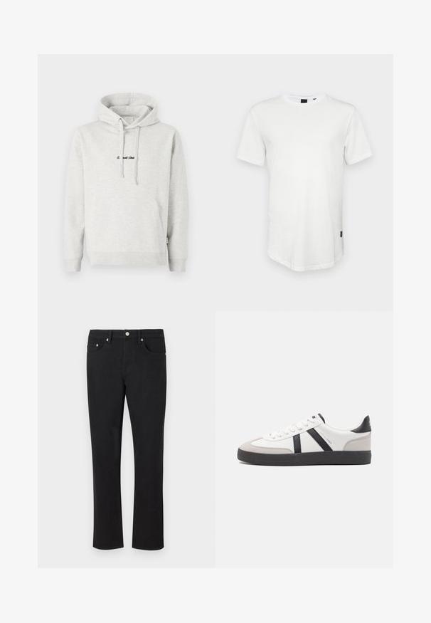 Hellgrauer Hoodie mit Kängurutasche, Kapuze mit Kordelzug und schwarzen gestickten Text auf der Vorderseite. Mischgewebe aus Baumwolle, gerippte Bündchen.; Weißes T-Shirt mit kurzen Ärmeln aus Baumwolle, mit Rundhalsausschnitt und einem leicht verlängerten Rückenteil, sowie einem kleinen Logo-Akzent an der Seite.; Schwarze Jeans aus Denim mit geradem Bein-Design, ausgestattet mit fünf Taschen und silbernem Zubehör sowie einer glatten Textur. Keine Muster oder Akzente.; Weiße Sneaker mit schwarz- und grau-aczenten, ausgestattet mit einer strukturierten grauen Zehenkappe, schwarzer Gummi-Sohle und flachen weißen Schnürsenkeln. Sauberes Design, minimalistische Stil.