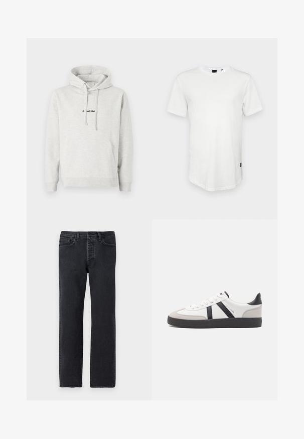 Hellgrauer Hoodie mit Kängurutasche, Kapuze mit Kordelzug und schwarzen gestickten Text auf der Vorderseite. Mischgewebe aus Baumwolle, gerippte Bündchen.; Weißes T-Shirt mit kurzen Ärmeln aus Baumwolle, mit Rundhalsausschnitt und einem leicht verlängerten Rückenteil, sowie einem kleinen Logo-Akzent an der Seite.; Schwarze Denim-Jeans mit geradem Bein, fünf Taschen, Gürtelschlaufen und minimalen Nähten. Hergestellt aus weichem, strukturiertem Baumwollstoff.; Weiße Sneaker mit schwarz- und grau-aczenten, ausgestattet mit einer strukturierten grauen Zehenkappe, schwarzer Gummi-Sohle und flachen weißen Schnürsenkeln. Sauberes Design, minimalistische Stil.
