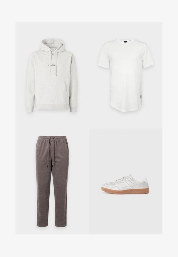 Hoodie gris clair avec une poche kangourou, capuche avec cordon de serrage et texte brodé en noir sur le devant. Tissu en mélange de coton, poignets côtelés.; T-shirt blanc à manches courtes en coton, avec un col rond et un dos légèrement allongé, arborant un petit logo sur le côté.; Pantalons en velours côtelé couleur taupe douce, avec une taille élastique munie d'un cordon de serrage et des jambes fuselées avec une texture côtelée verticale.; Baskets argentées avec une texture lisse, un design à lacets, des accents perforés et une semelle en caoutchouc marron texturé.