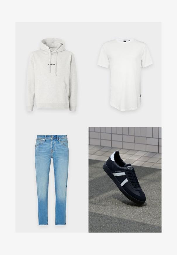 Lysegrå hættejakke med kengurulomme, snoretræk i hætten og broderet tekst i sort på fronten. Stoffet er en bomuldsblanding, ribbede manchetter.; Hvid kortærmet t-shirt lavet af bomuld, med rund halsudskæring og en let forlænget ryg, samt en lille logoaccent på siden.; Lyseblå denimbukser med lige ben-design, der har knaplukning, fem lommer og diskret falmning på stoffet.; Sort lædersneaker med hvide striber, tekstureret gummisål og snørrebånd foran. Har et brandet mærke på tungen.