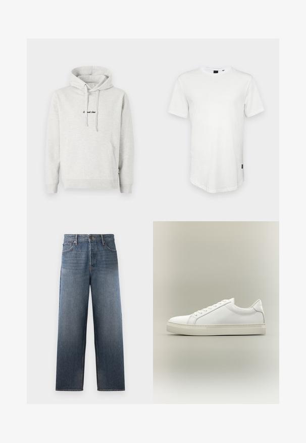 Lysegrå hættejakke med kengurulomme, snoretræk i hætten og broderet tekst i sort på fronten. Stoffet er en bomuldsblanding, ribbede manchetter.; Hvid kortærmet t-shirt lavet af bomuld, med rund halsudskæring og en let forlænget ryg, samt en lille logoaccent på siden.; Denimjeans i middelblå med lige ben design, der har fem lommer, knap- og lynlåslukning samt subtile falmeeffekter.; Hvid lavtop sneaker med snørebånd foran og tyk sål, vist fra siden mod en neutral baggrund.