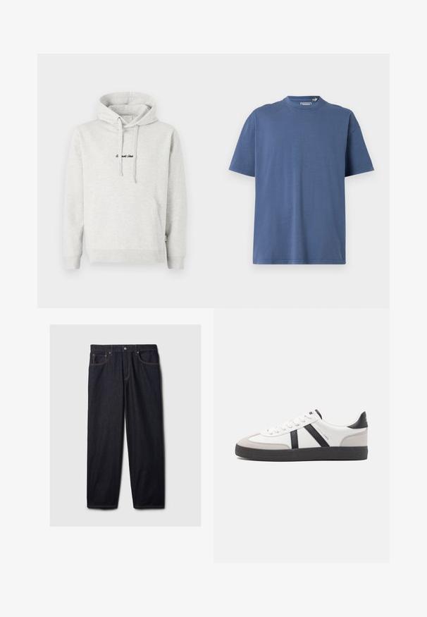 Hoodie gris clair avec une poche kangourou, capuche avec cordon de serrage et texte brodé en noir sur le devant. Tissu en mélange de coton, poignets côtelés.; T-shirt bleu à manches courtes en coton doux, avec un col rond et une coupe décontractée, dotée de détails de couture minimaux.; Jeans en denim noir avec une coupe droite, dotés d'une fermeture à bouton et à zip, de deux poches avant et de coutures orange contrastantes.; Baskets blanches avec des accents noirs et gris, présentant un embout texturé gris, une semelle en caoutchouc noir et des lacets plats blancs. Design épuré, style minimaliste.