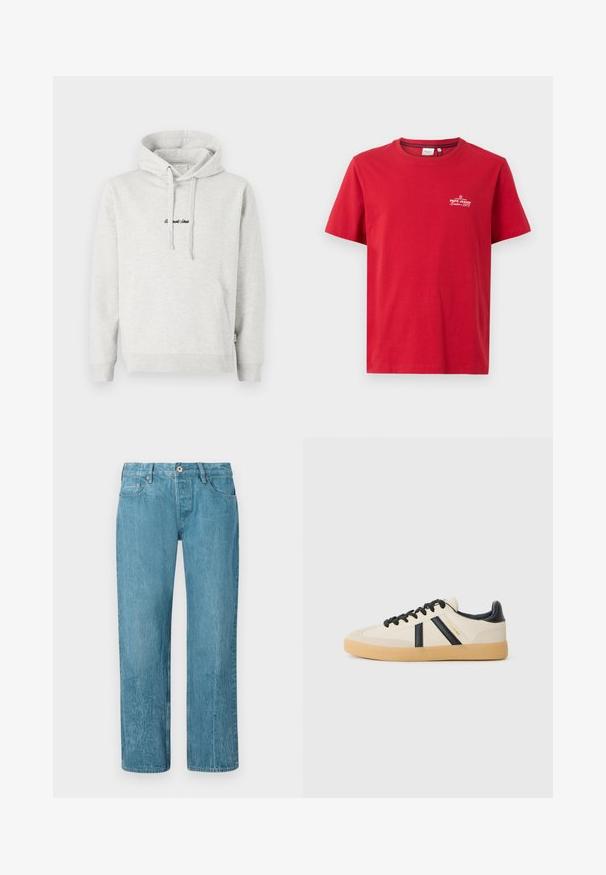 Sudadera gris claro con un bolsillo tipo canguro, capucha con cordón y texto bordado en negro en la parte delantera. Tejido de mezcla de algodón, puños acanalados.; Pepe Jeans THIAGO TEE - Camiseta estampada - rugby red; Vaqueros de denim azul claro con diseño de pernera recta, que cuentan con cinco bolsillos, trabillas para el cinturón y cierre de botón. Textura suave con un ligero desvanecimiento.; Zapatillas casuales en crema con rayas negras, con parte superior texturizada y suela de goma. Los cordones son negros. Logo sutil en el costado.